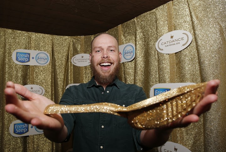 The coveted Gold Litter Scoop was awarded to filmmaker Mike Thompson at the Catdance Film Festival presented by new Fresh Step® with the power of Febreze™ Saturday, Jan. 23, 2016, in Park City, Utah. (Photo by Jack Dempsey/Invision for Fresh Step Litter/AP Images)