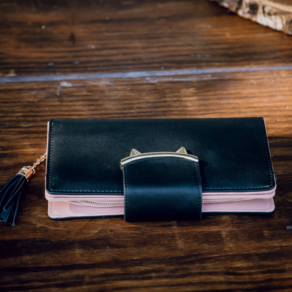 Two Tone Long Wallet With Tassel - Black - iHeartCats.com
