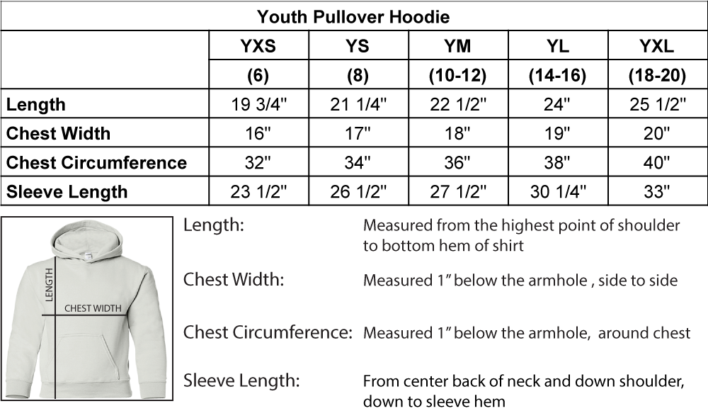 Pullover Hoodie Size Chart