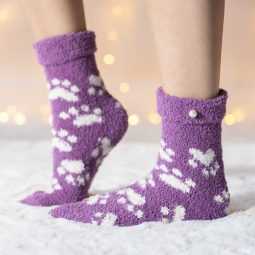 Warm 'n Fuzzy Purple Paw Socks
