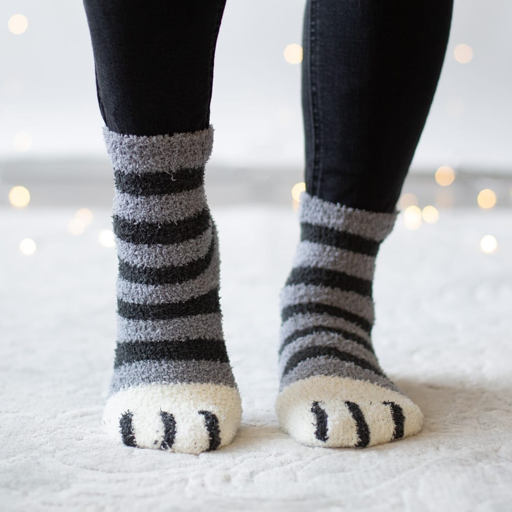 Warm n' Fuzzy Kitty Feet Socks- Grey Stripes
