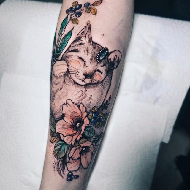geometric tattoos  Cat in a flower bouquet Tattoo artist doy