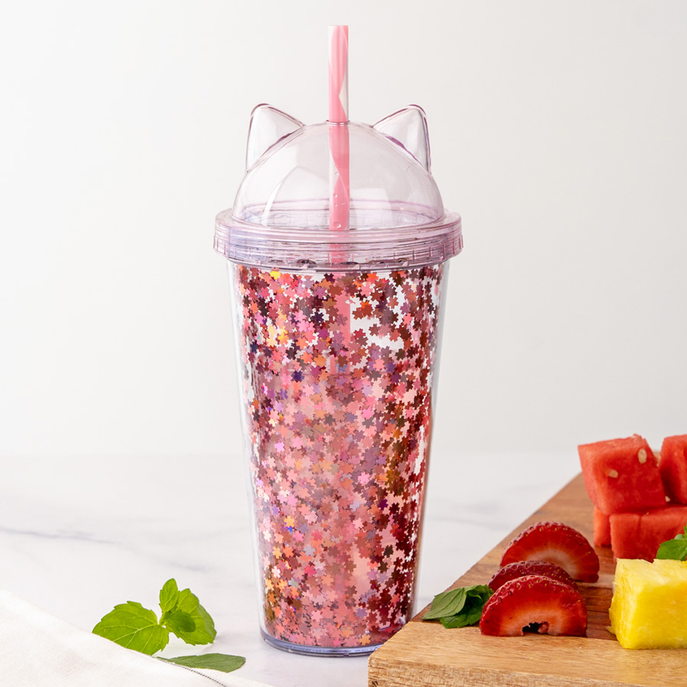 Rose Glitter Kitty Ear Tumbler 16 Oz Deal Off Iheartcats Com