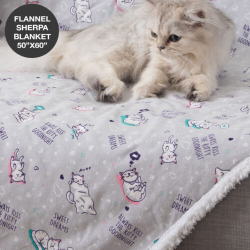 'Always Kiss The Kitty Goodnight' Sherpa Flannel  Blanket - 60″x 50″- Limited Time Offer 58% Off!