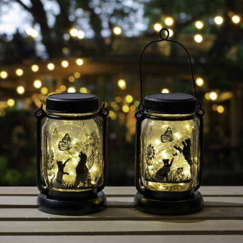Cat & Butterfly Solar Lantern Fairy Lights – Outdoor Hanging Jar & Garden Stake Two-Piece Set