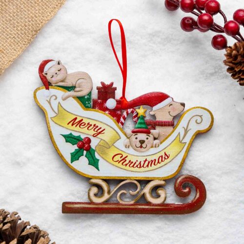 Merry Christmas Sleigh Wooden Cat Ornament  - Buy 1 Get 70% Off or Collect All 3 for $14.97