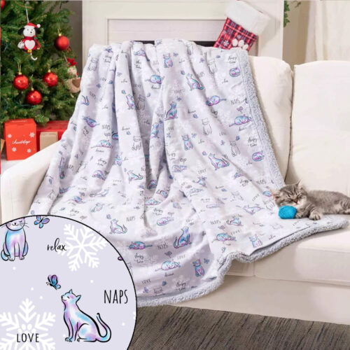 Snuggle Kitty & Butterfly- Flannel & Sherpa Cat Blanket 50"x 60"