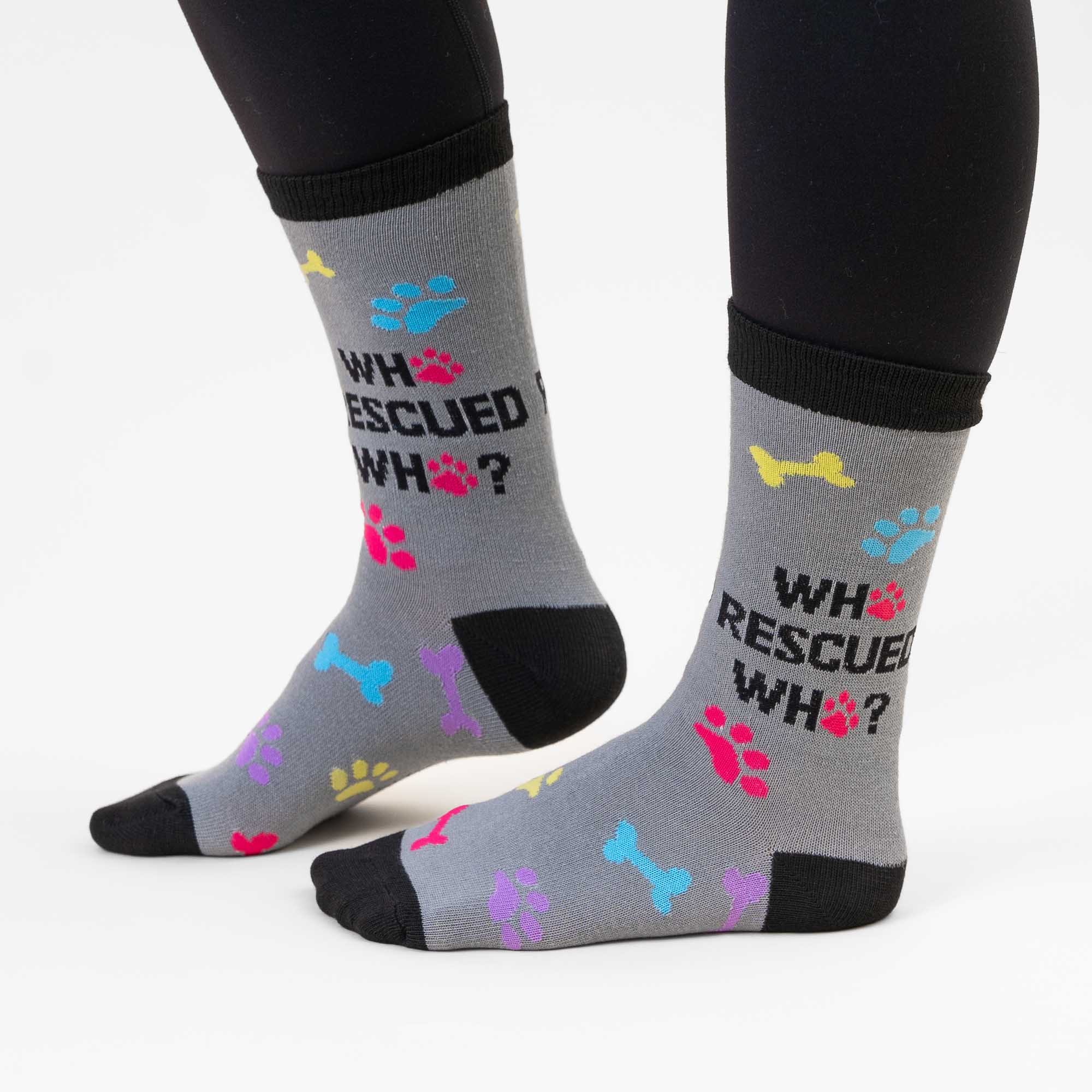 Who Rescued Who Word Sock - Gray/Turquoise