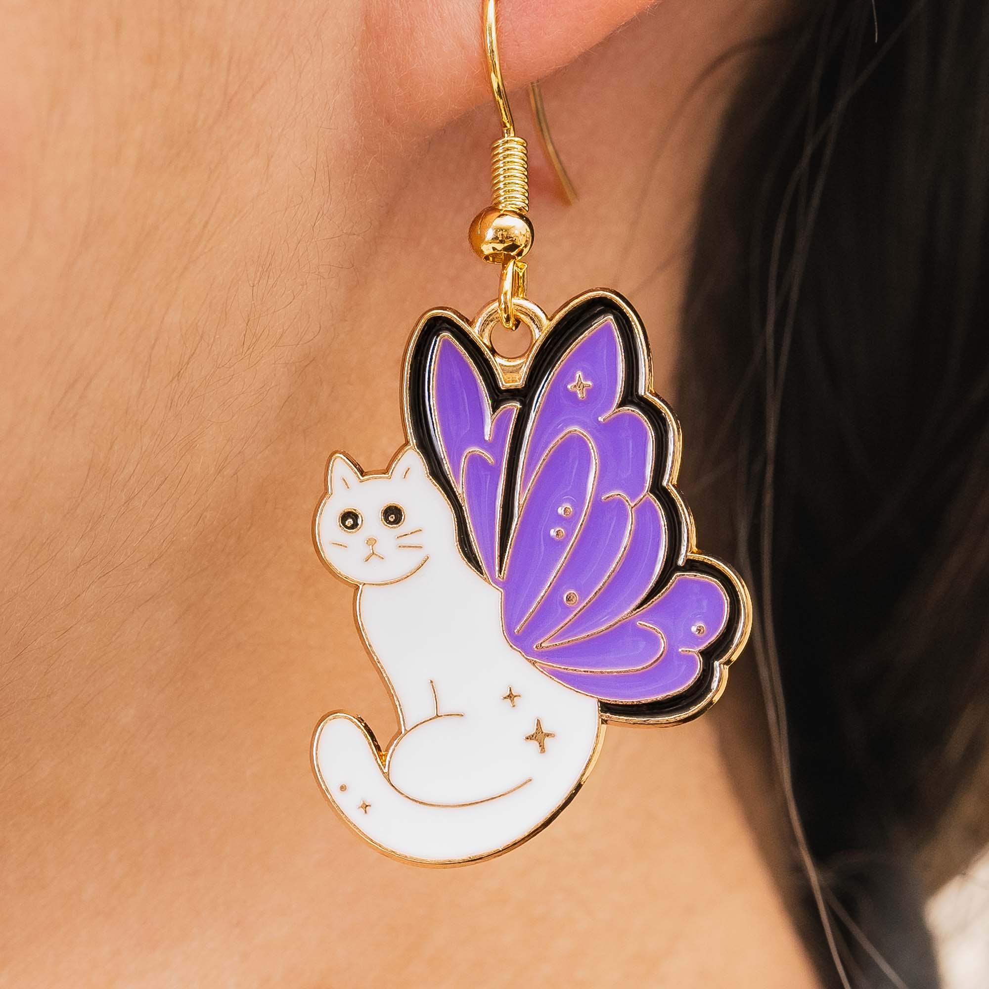 Butterfly Angel Cat Earrings, Cat Dangle Earrings, Gifts for Cat Mom, Cat Lover Earrings, Memorial Cat Earrings