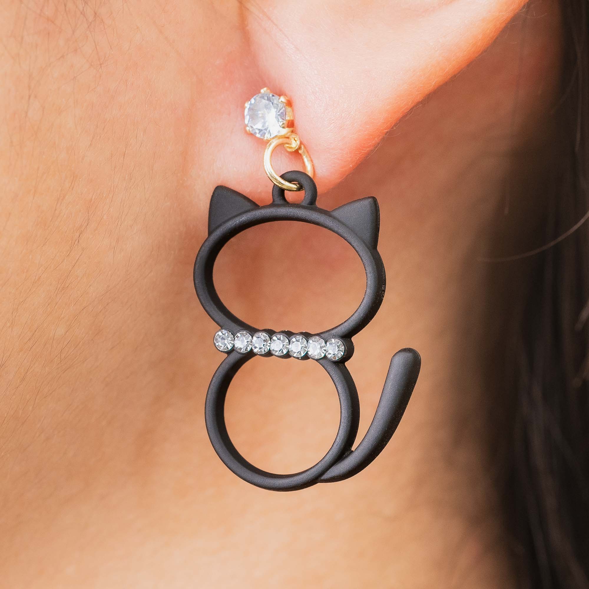 Cat Rhinestone Earrings, Cat Dangle Earrings, Gifts for Cat Mom, Cat Lover Earrings, Black Cat Earrings