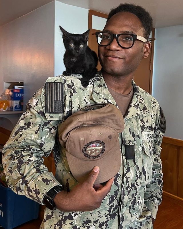 Soldier with kitten on shoulder