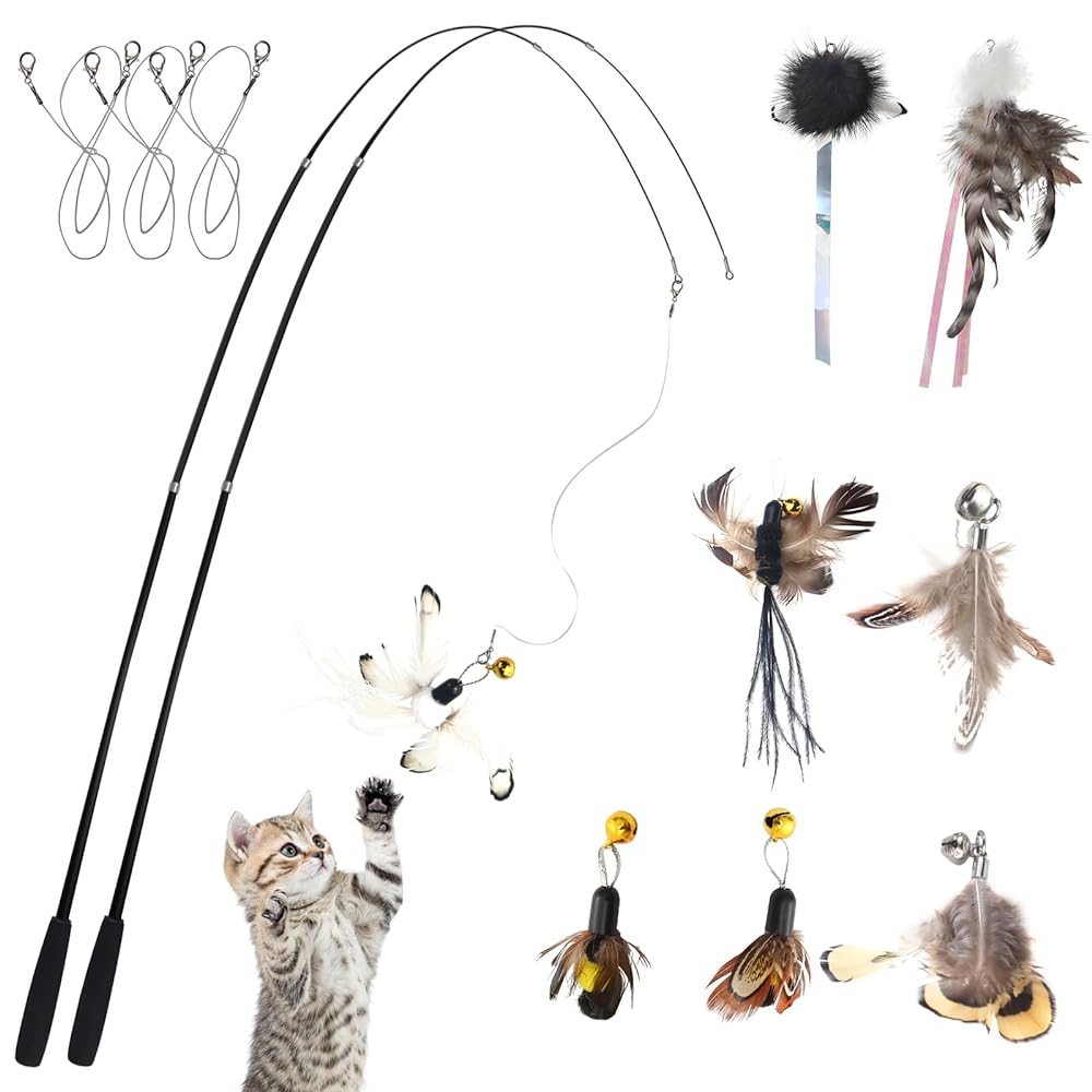  Retractable Cat Toys Wand with 5 Piece Teaser Refills