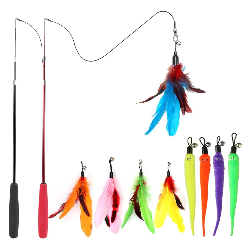 9 PCS Cat Fishing Pole Toy, Retractable Cat Feather Toys with Cat Wand  Plush Fish Worm Feathers with Bells Catnip Interactive Cat Teaser Toys for