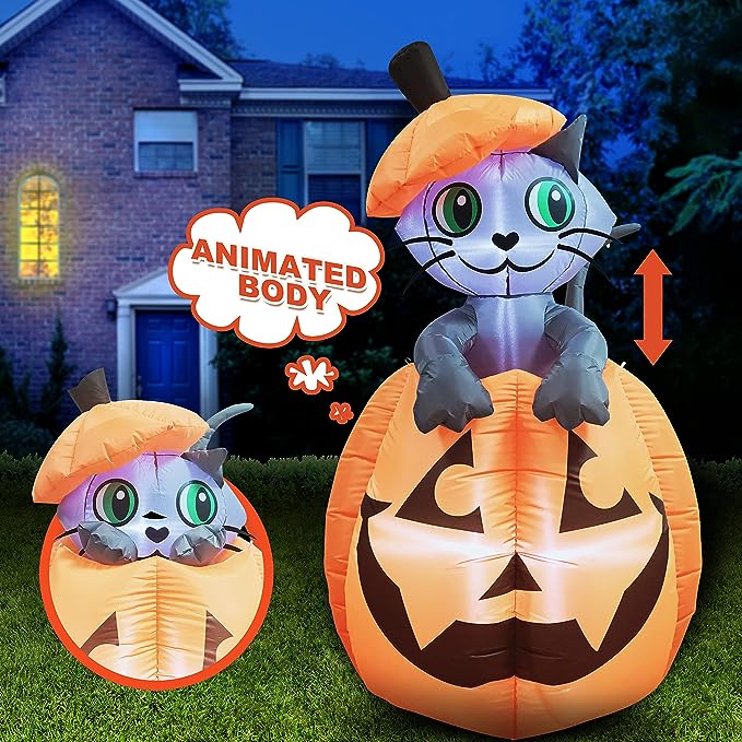 Joiedomi 5 ft Tall Halloween Inflatable Animated Kitty Cat On Pumpkin