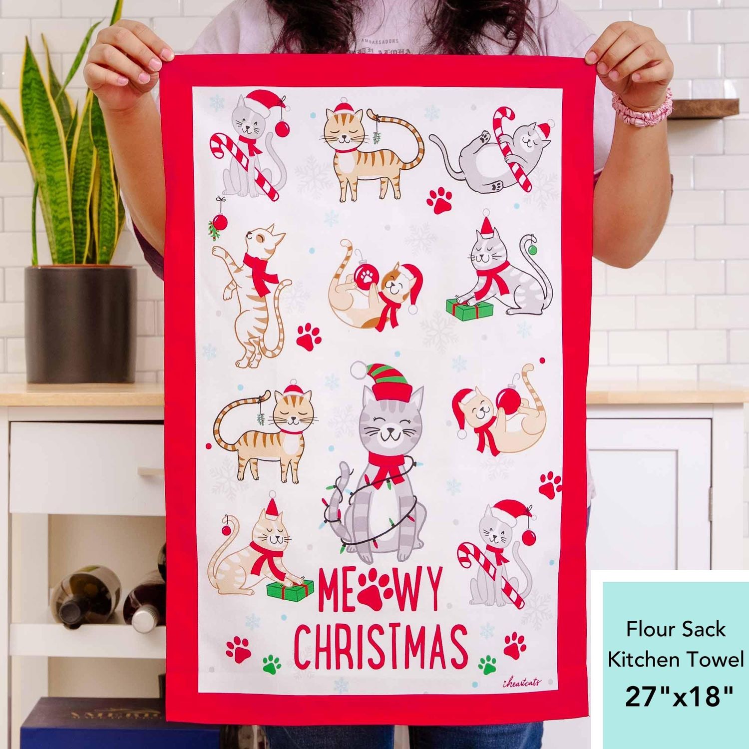 iHeartCats- Meowy Christmas Holiday Towel – 100% Cotton Flour Sack Kitchen Dish Towel 27″ x 18″