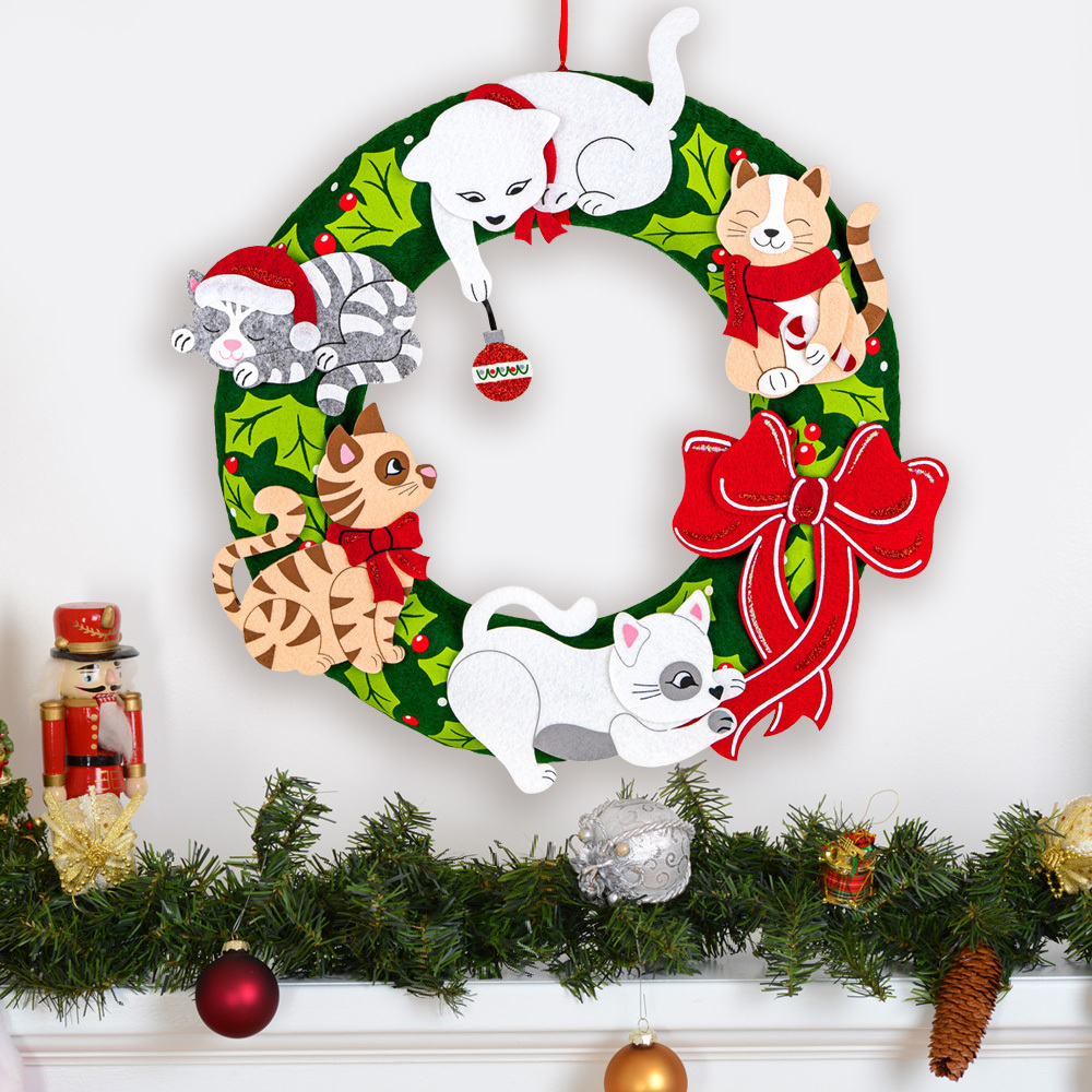 Holiday Cats Christmas Wreath- Hand Crafted Holiday Home Decor, Front Door, Fireplace Mantel, 15" Soft Foam Felt Wreath- Deal 51% OFF!