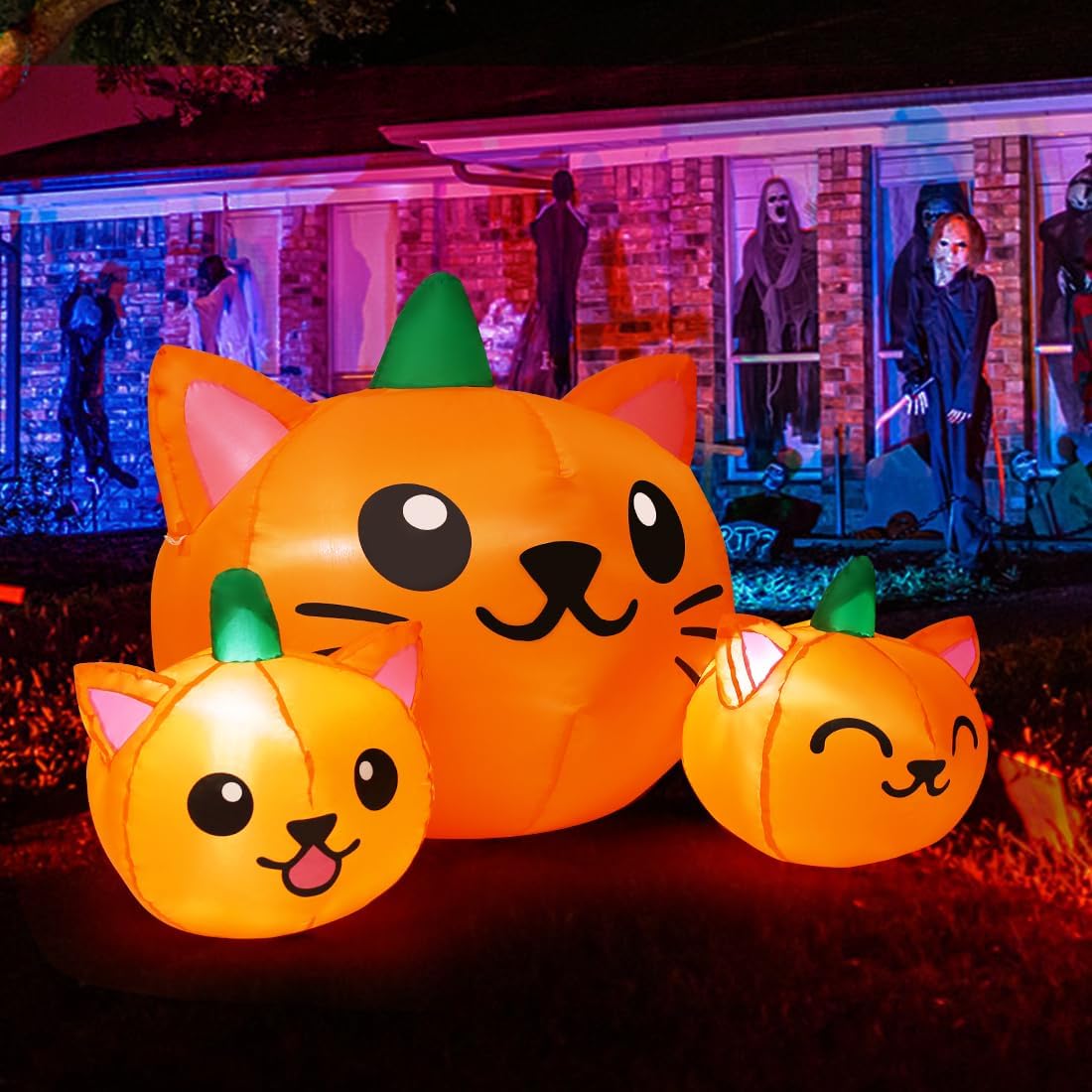 COMIN Halloween Inflatable 5FT Long Three Pumpkin Cat Head Combo with Built-in LEDs