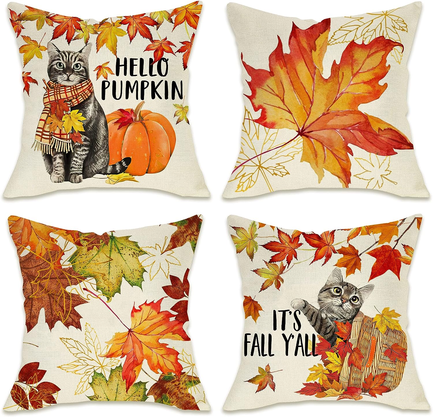 Fahrendom It's Fall Y'all Maple Leaf Cat Decorative Throw Pillow Cover