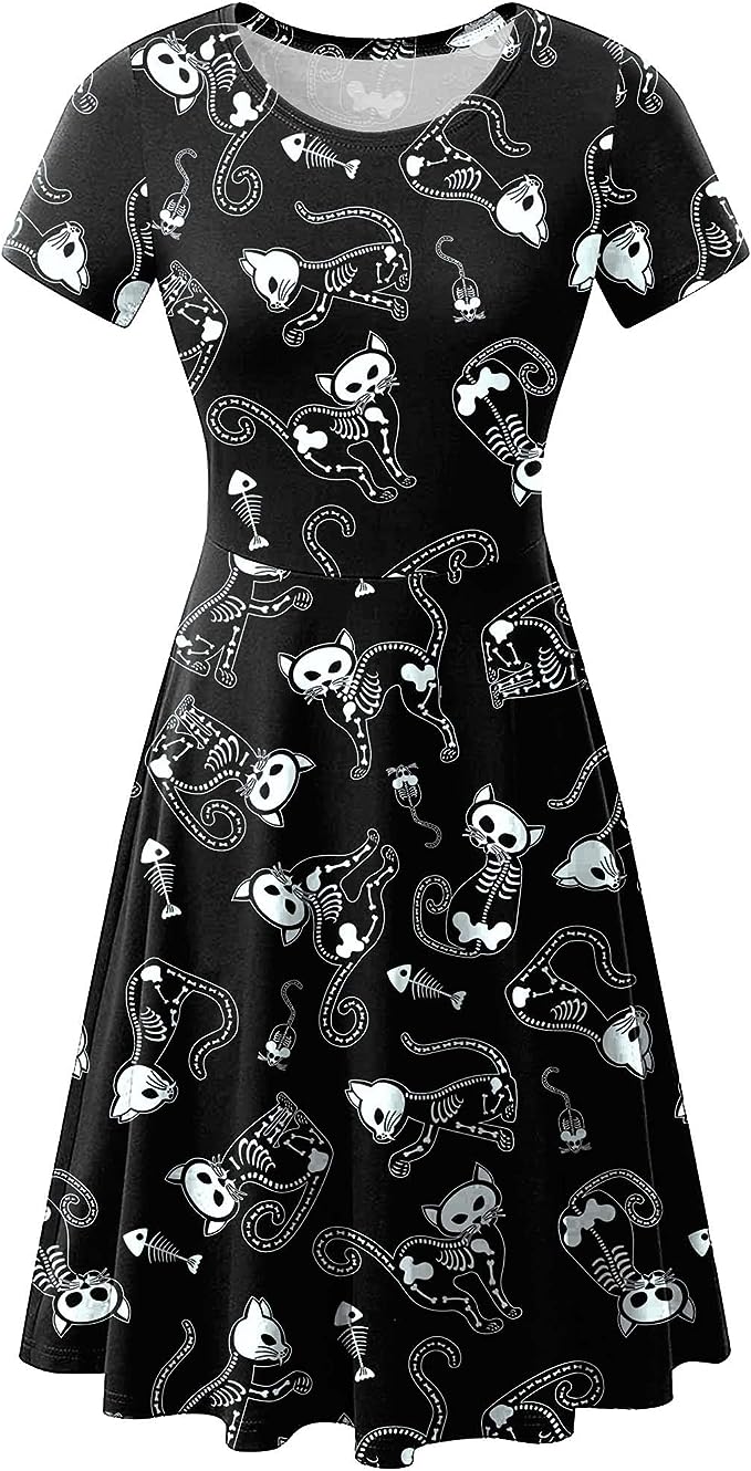 Halloween Dress for Women Short Sleeves Printed Vintage Style A-Line Party Dresses – Black Cat Print