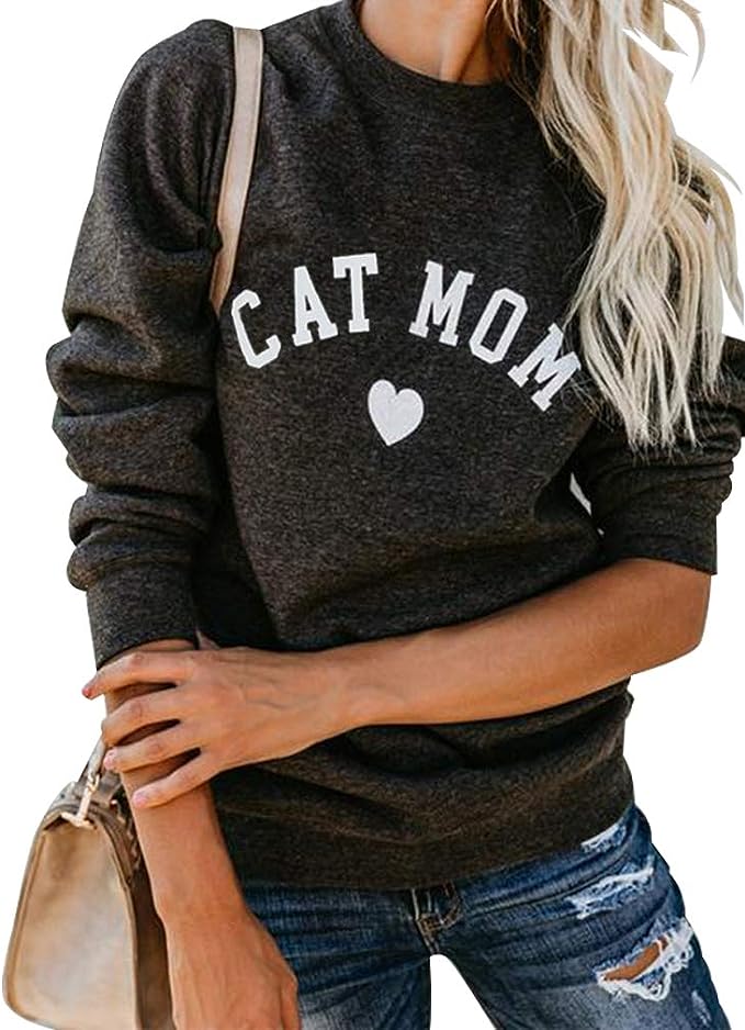 Heymiss Womens Tops Cat Mom Shirts Long Sleeve Crewneck Graphic Tees