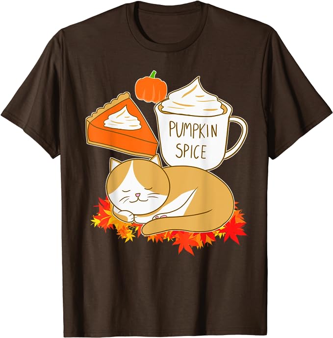 Hello Fall Y'all Cute Pumpkin Spice Latte, Pie & Sleeping Cat on Leaves Love Fall T-Shirt