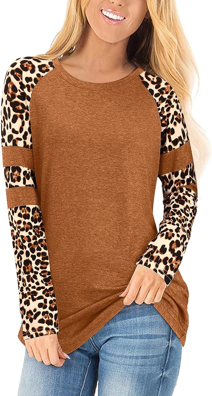 STYLEWORD Women's Long/Short Sleeve Leopard Print Color Block Tunic Top