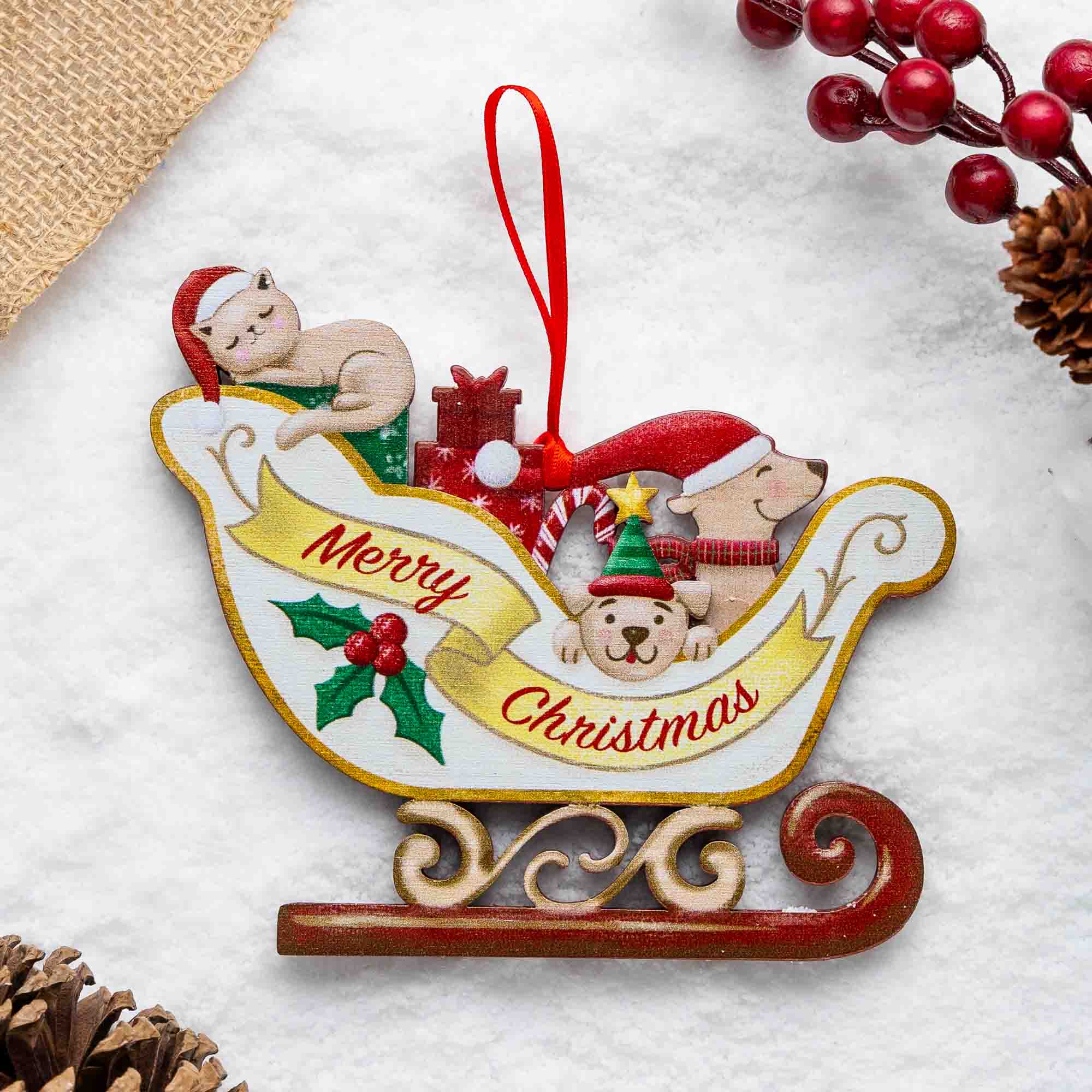 iHeartCats Merry Christmas Sleigh Wooden Cat Ornament