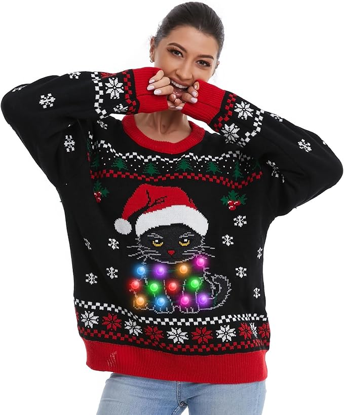 HSCTEK Light Up Women Knitted Christmas Sweater – Black Cat