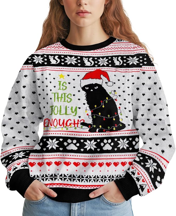 34HD Ugly Xmas Sweater – Funny Knit Christmas Sweater – Jolly Cat