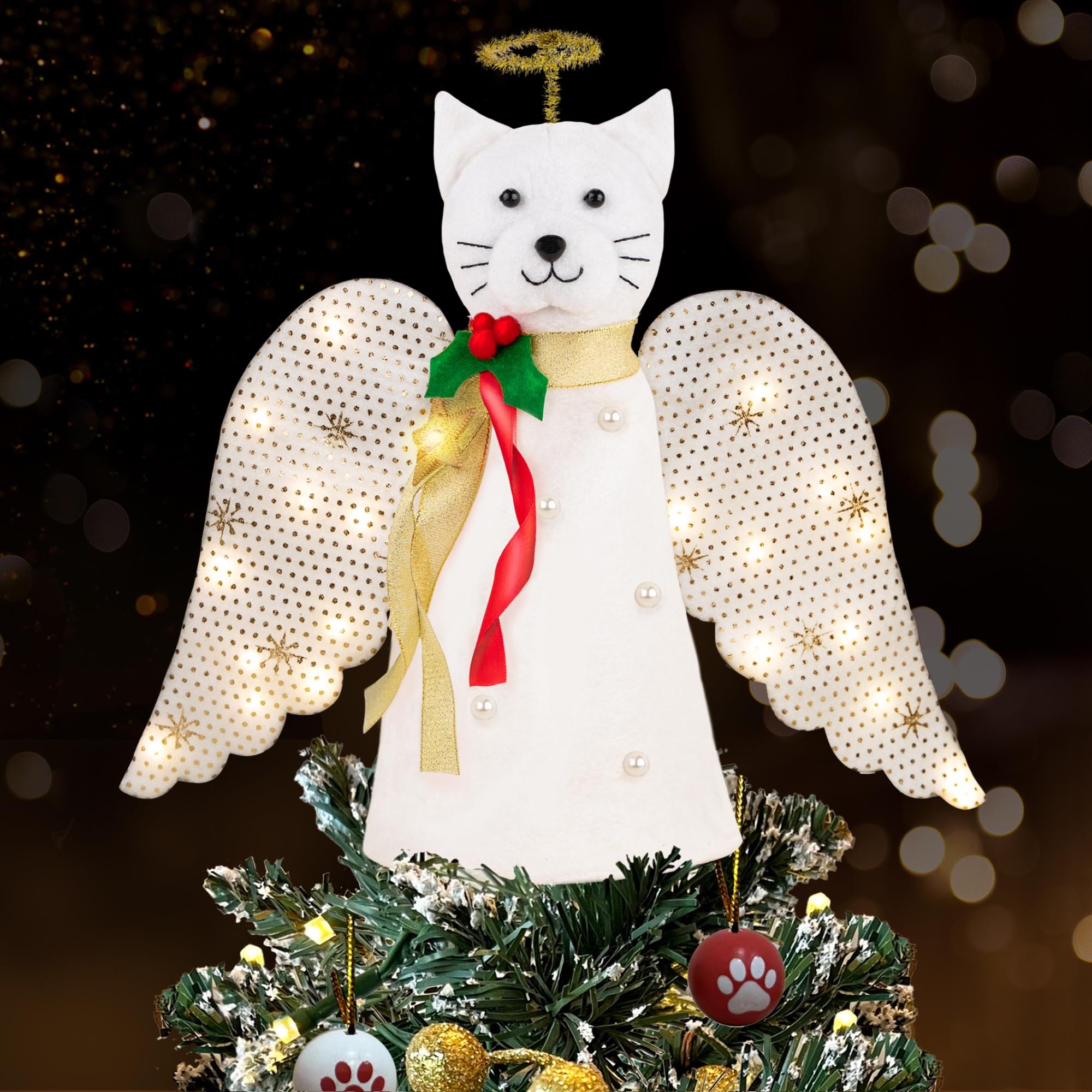 A ‘Christmas Miracle’ Angel Cat Tree Topper with Golden Sparkle Lighted Wings - Helps Feed 30 Hungry Shelter Cats in Need