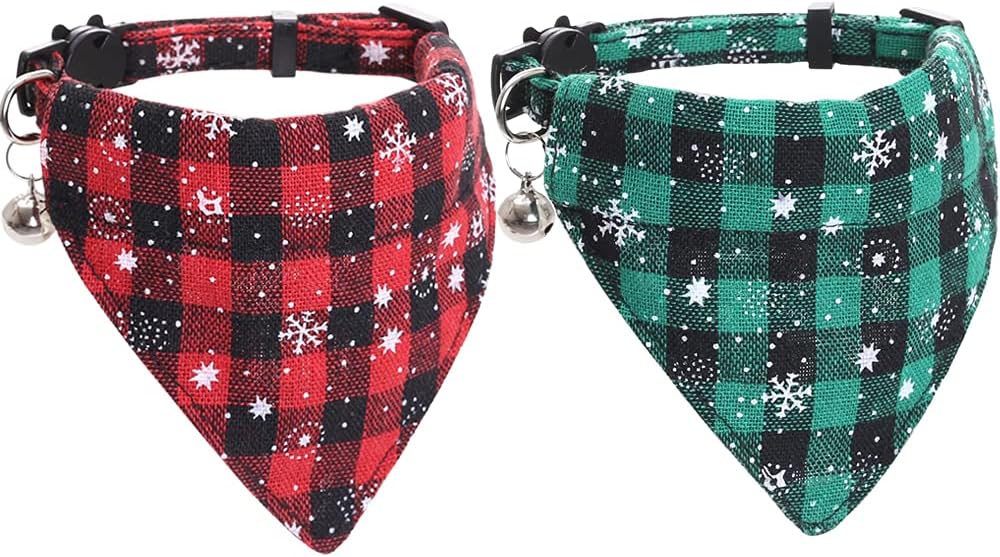 Lamphyface Christmas Cat Collar Breakaway with Removable Bandana and Bell, Snowflake Plaid