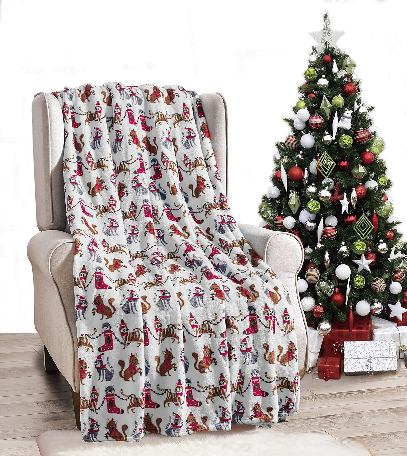 Elegant Comfort Luxury Velvet Super Soft Christmas Prints Fleece Blanket-White Christmas Cats