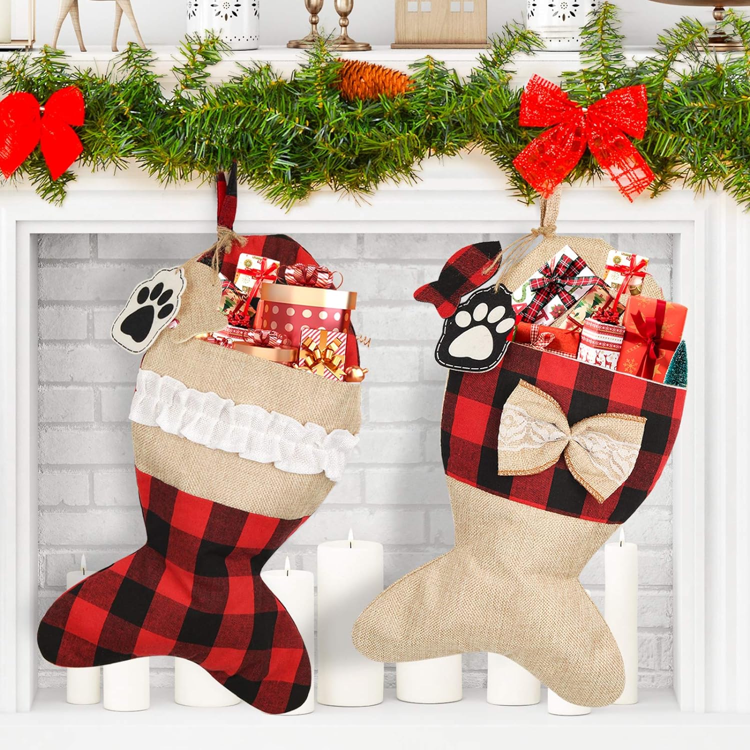 Mocoosy 2 Pack Cat Christmas Stockings Personalized, Burlap Red Black Buffalo Plaid