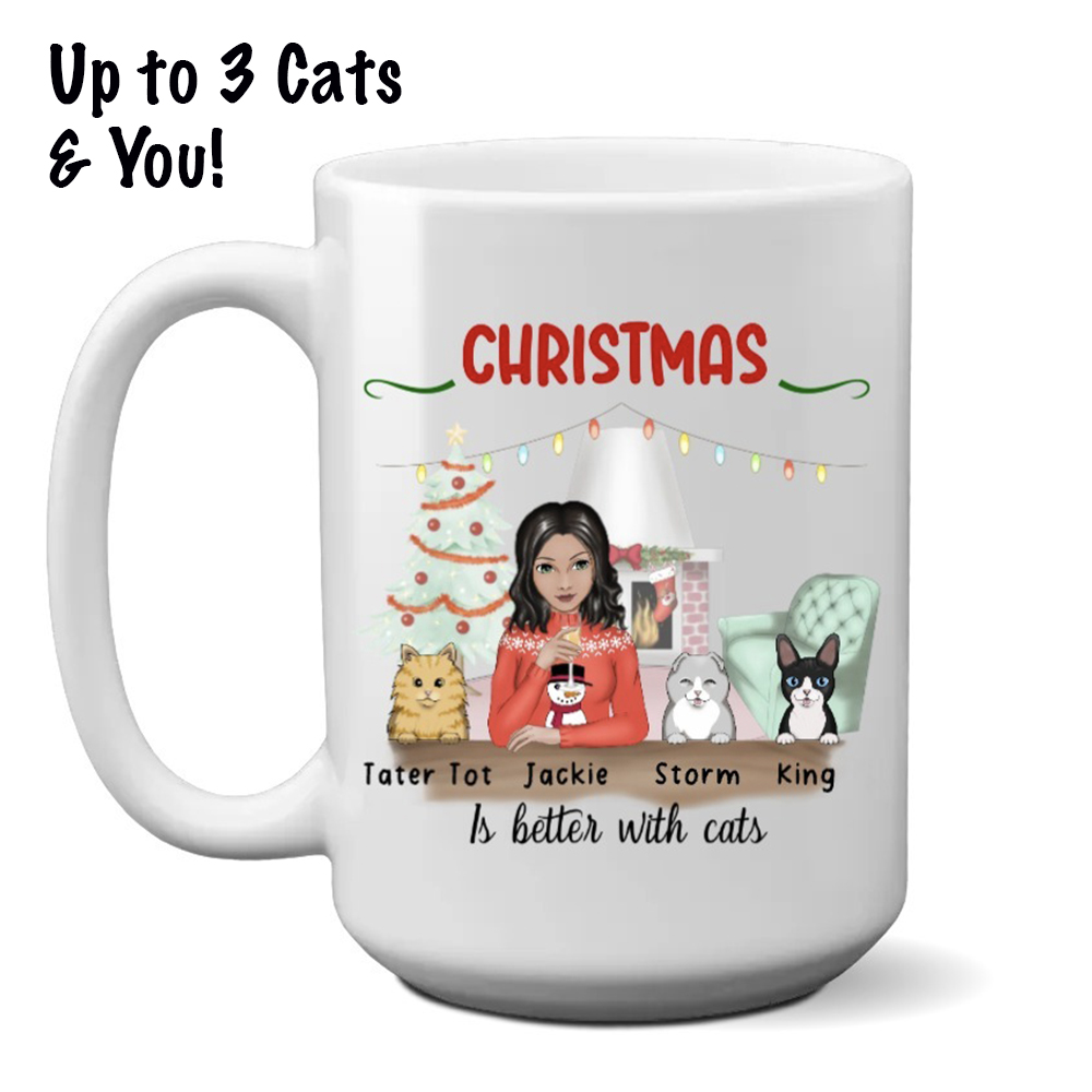 Christmas Is Better With My Cats Mug Personalized (15oz) Choose Your Cat's Breed and Name! - Super Deal $7.99