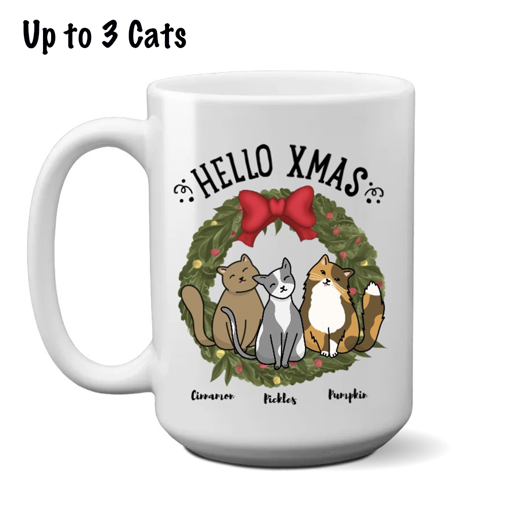 Hello Xmas Kitty Mug Personalized (15oz) Choose Your Cat’s Breed and Name! - Super Deal $7.99