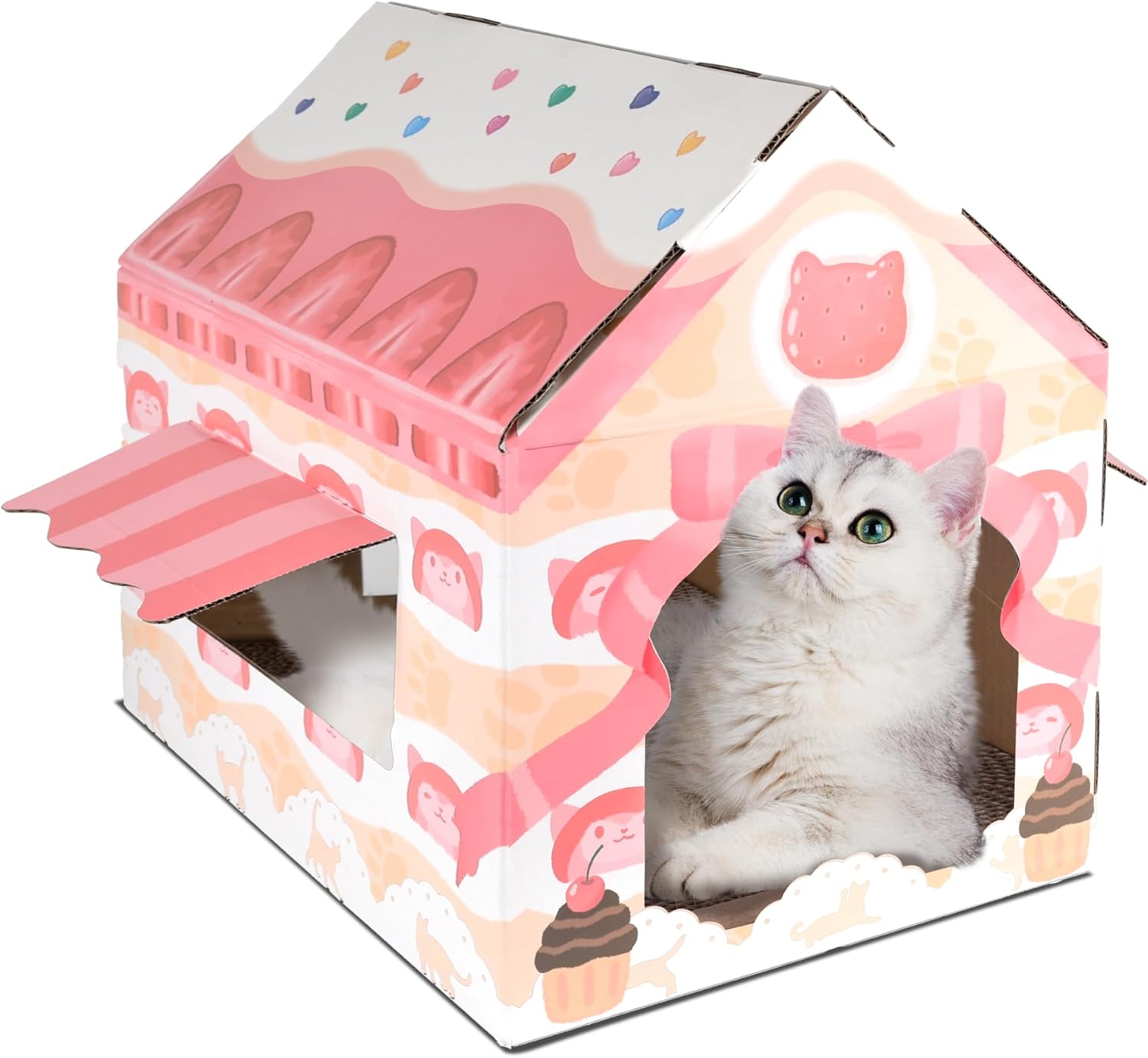 LiBa Cardboard Cat House with Scratch Pad and Catnip - Strawberry Shortcake