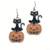 Halloween Black Cat Jack-O-Lantern Dangle Earring- Gifts for Cat Mom, Black Cat Dangle Earring, Cat Lover Earrings