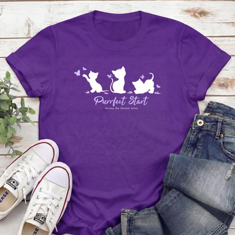 Purrfect Start - Kitties & Butterflies Standard Tee Purple - Helps Fund 1 Feeding Kit to Save Kittens’ Lives