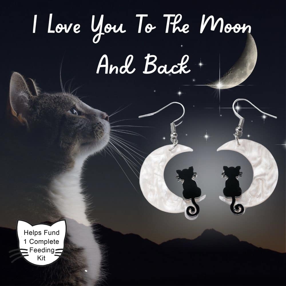 Purrfect Start - I Love You To The Moon and Back - Cat Dangle Earrings - Saving The Tiniest Of Loves