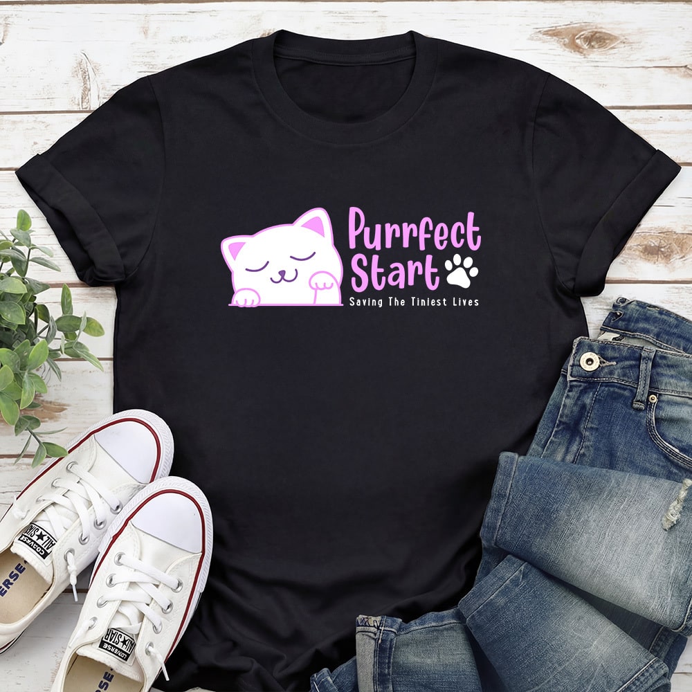 Purrfect Start - Hello Sweet Kitty Standard Black Tee - Saving The Tinest Lives - Helps Fund 1 Feeding Kit to Save Kittens’ Lives