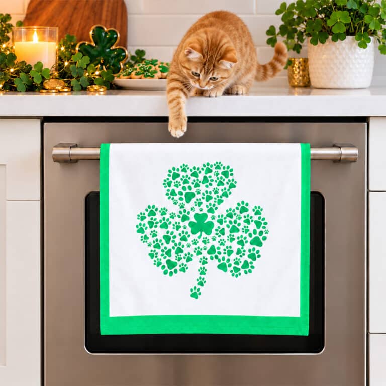 Lucky Kitty St. Patrick’s Day Shamrock Paw Kitchen Towel – Large 28"x 19"