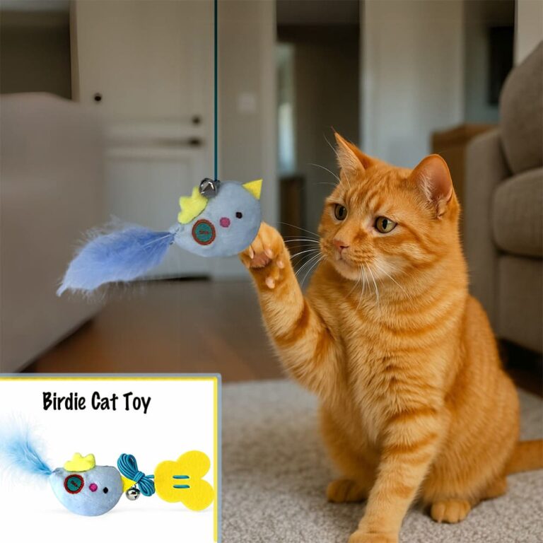 Pounce & Play Blue Feather Bird – Interactive Cat Toy - Helps Feed Hungry Shelter Cats in Need