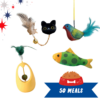 Fund 50 Meals for $25.00 and Get 4 FREE Cat Toys- Bubbles the Catnip Fish, Bobble Mouse Teaser, Midnight Pounce Teaser Cat Toy and FlutterChirp Hanging Bird