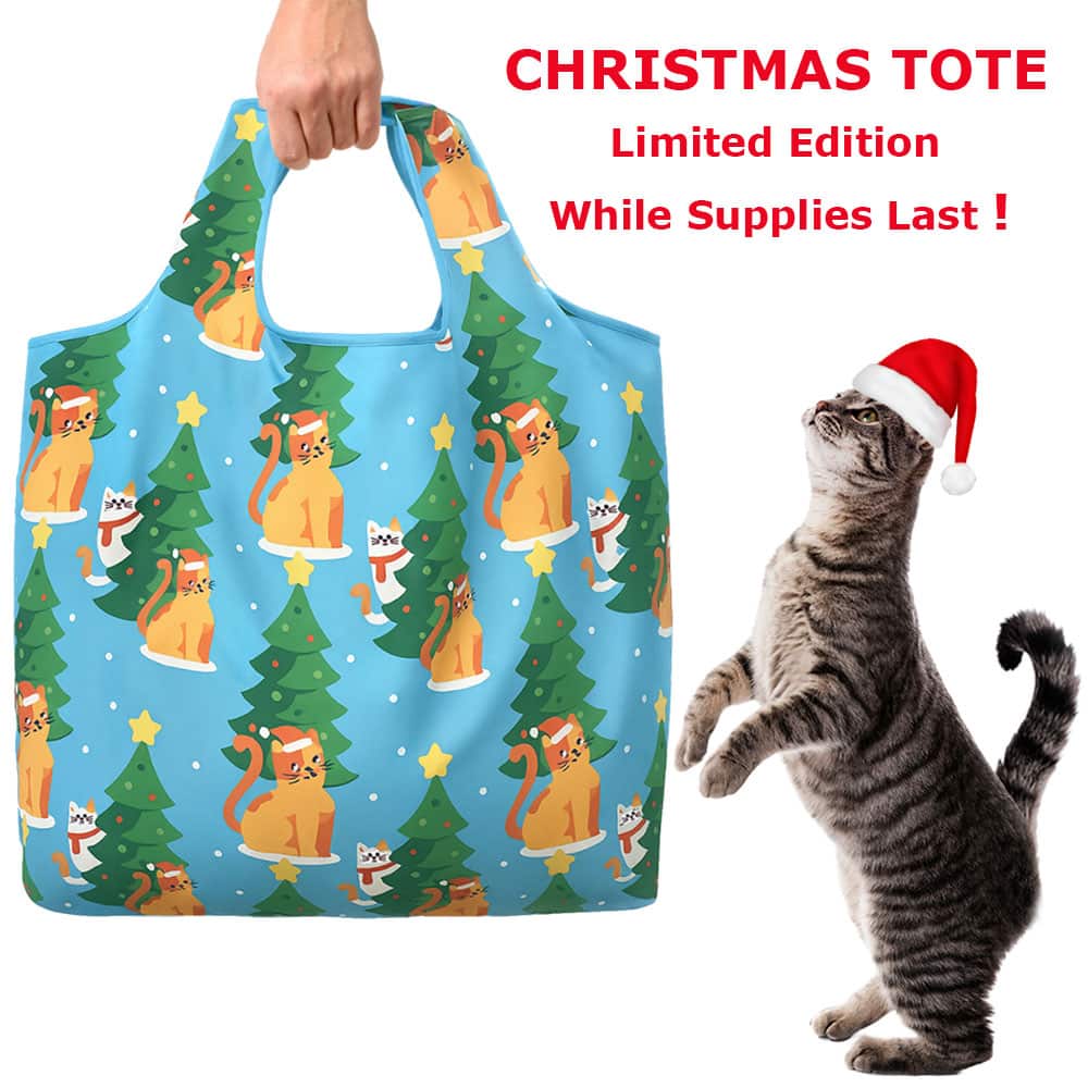 Santa Cats Folding Tote – Holiday Bag- Travel, Shopping, & More- Folding Grocery Tote Pouch Bag