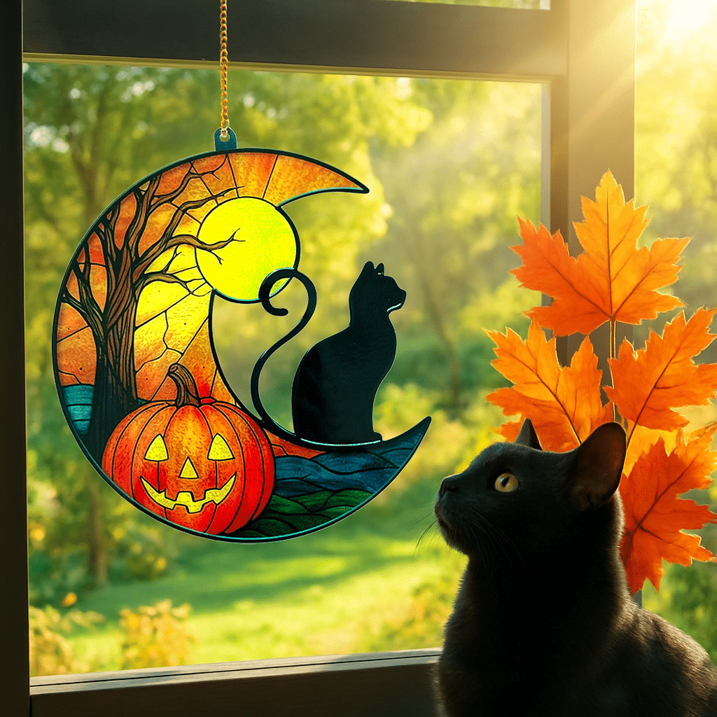Halloween Cat & Pumpkin Scene Plexi Glass Sign – Handcrafted Acrylic Window Ornament- Helps Feed Hungry Shelter Cats in Need