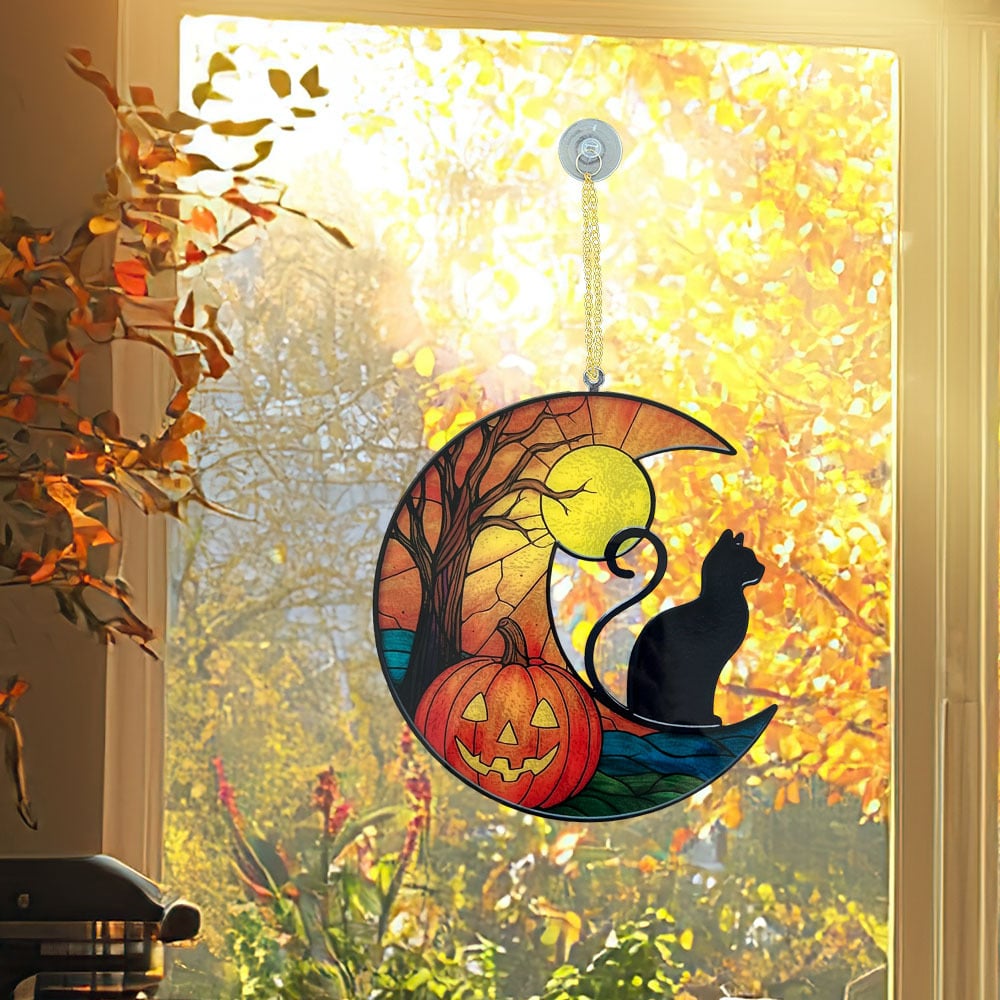 Halloween Cat & Pumpkin Scene Plexi Glass Sign – Handcrafted Acrylic Window Ornament- Helps Feed Hungry Shelter Cats in Need - Image 3