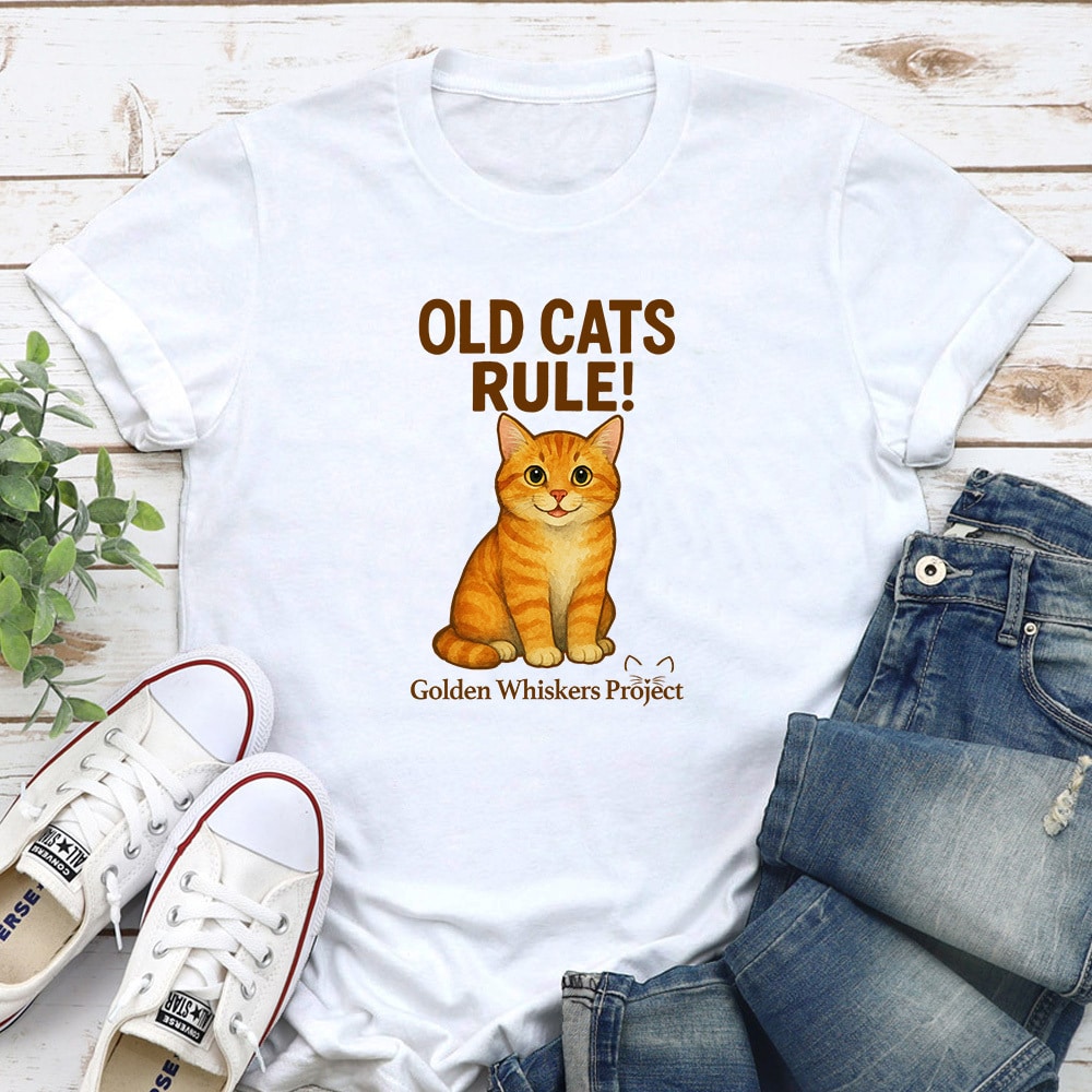 Golden Whiskers Project Old Cats Rule Standard Tee White - Help Save a Senior Cat