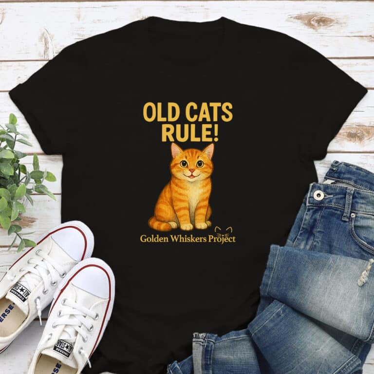Golden Whiskers Project Old Cats Rule Standard Tee Black - Help Save a Senior Cat