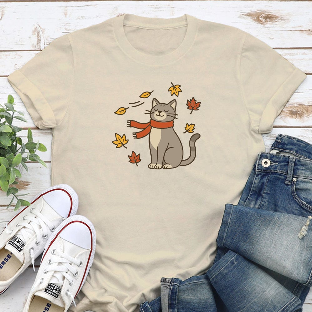 Autumn Leaves Cat Standard Tee Tan