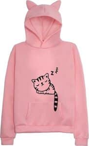 Women Teen Girls Hoodie Sweatshirt With Cute Cat Ear and Sleeping Cat Printed Pullover
